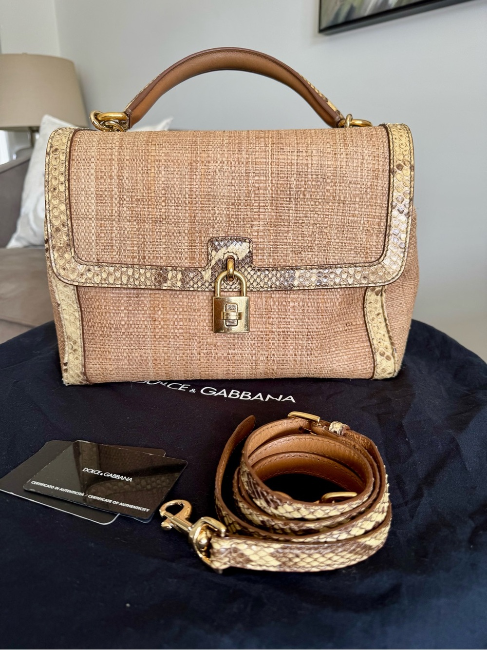 🤎Authentic Dolce & Gabbana Raffia Python Trim Padlock Bag🤎